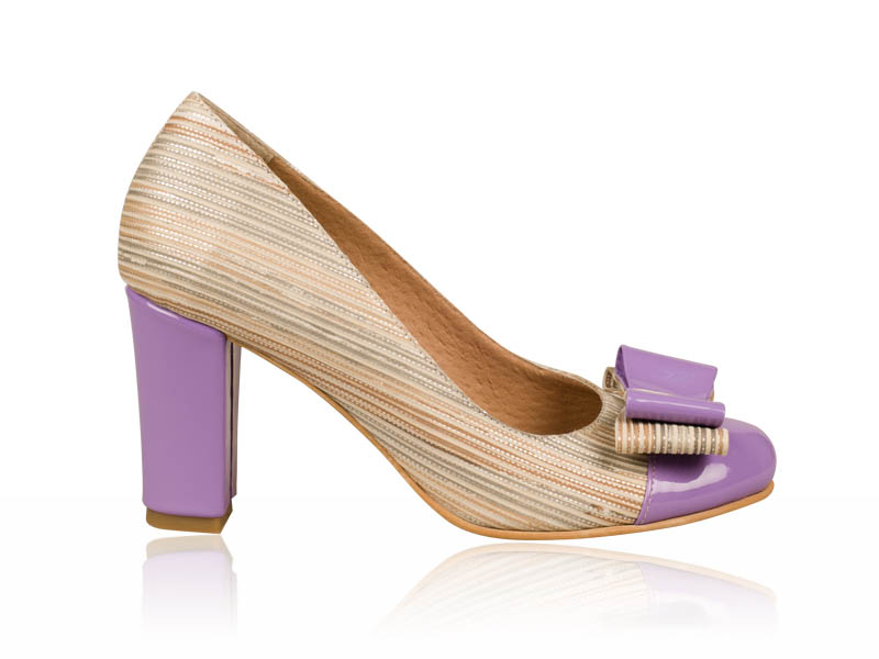 Pantofi dama piele bej insertii de mov toc 7 cm Eclat biashoes.ro imagine reduceri