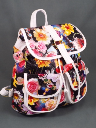 Geanta dama alb cu negru model floral Ginna