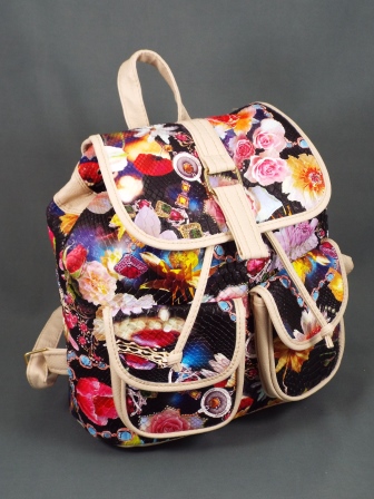 Geanta dama bej cu negru model floral Ginna