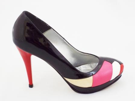 Pantofi dama negri CORY, cu linii de roz si bej, din piele naturala lacuita premium , cu toc inalt. biashoes.ro imagine reduceri