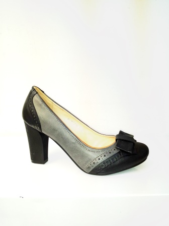 Pantofi dama negru & gri, eleganti , cu platforma si toc de 7 cm, material imitatie piele, cu accesoriu fata tip fundita