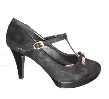 Pantofi dama negri, eleganti , cu toc de 7 cm, material imitatie piele intoarsa, cu accesorii metalice,