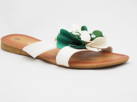 Papuci dama albi, accesoriu floare culoare verde