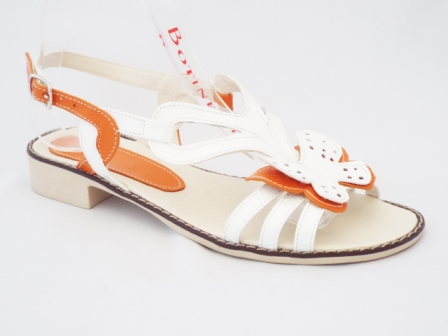 Sandale dama portocalii cu alb, piele naturala si accesoriu model floare