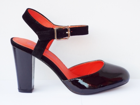 Sandale dama negre, moderne, cu toc de 8 cm, piele ecologica lacuita, calitate deosebita