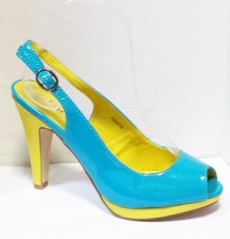 Sandale dama albastre cu insertii de galben, cu platforma si toc de 9 cm