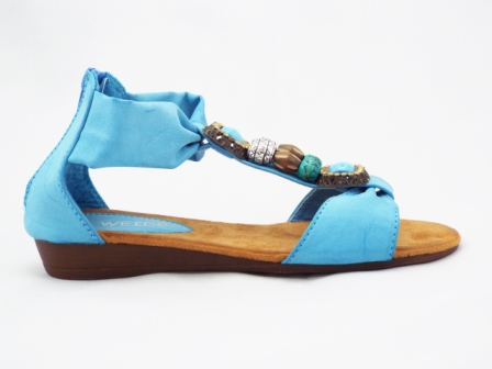 Sandale dama albastre-turcoaz cu accesorii tip margele, talpa joasa