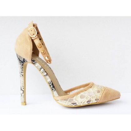 Pantofi dama  bej , cu toc de 8 cm,eleganti, material imitatie piele intoarsa, cu dantela, (botinelli 201=30-29)